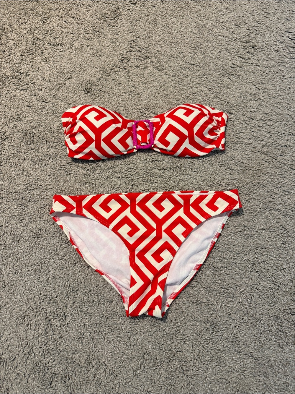 Boden Red and White Geometric Bandeau Bikini